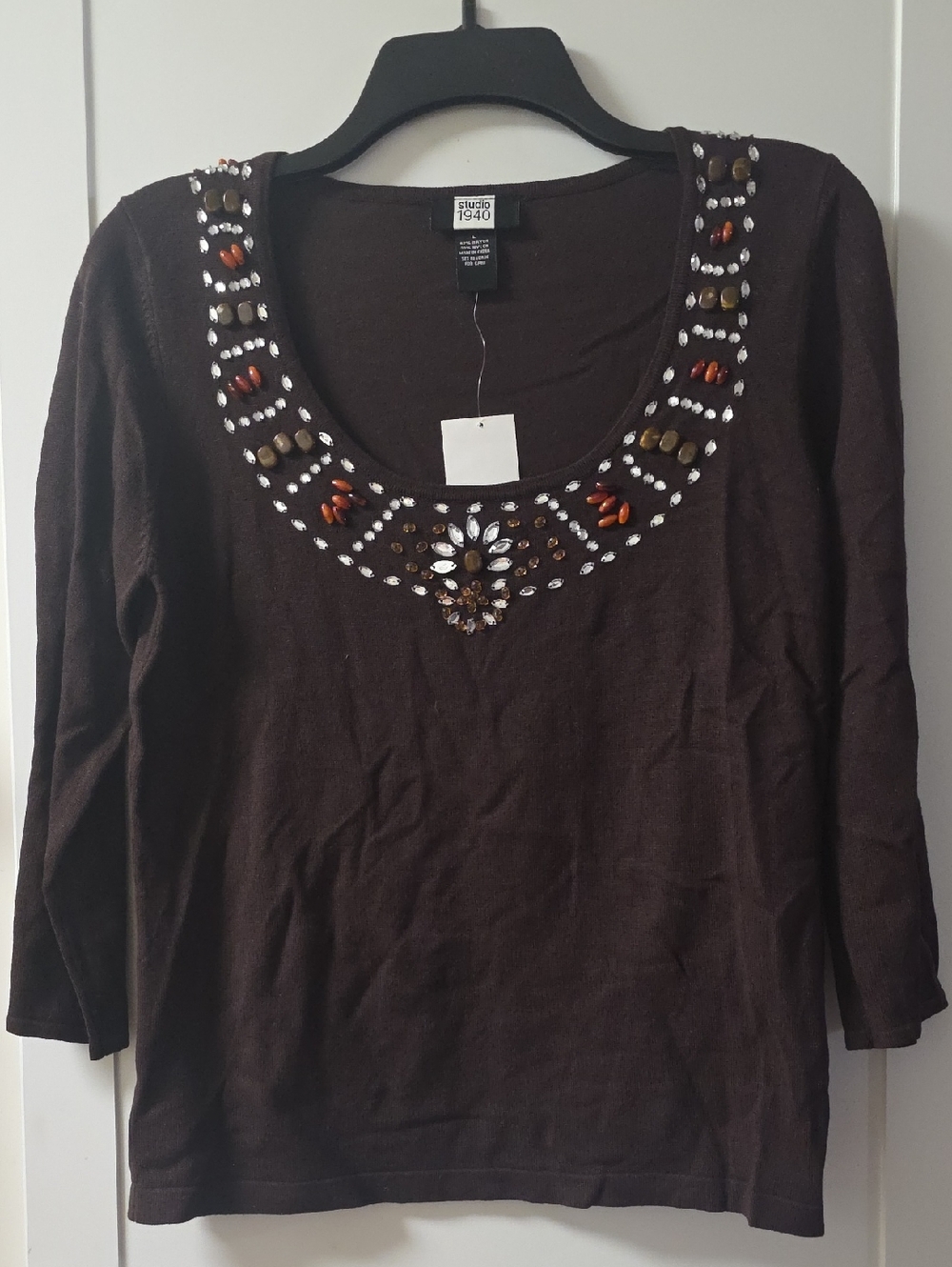 Studio 1940 Brown Jewel-Embellished Scoop Neck 3/4 Long Sleeve Top Size L